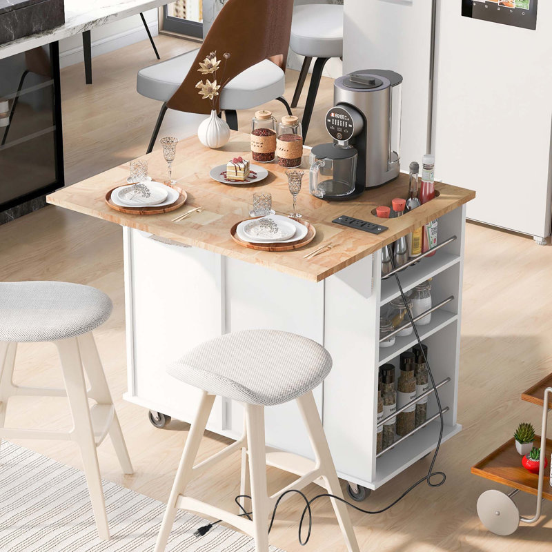 Îlot de cuisine avec abattant et bois d'hévéa, White Duplicate