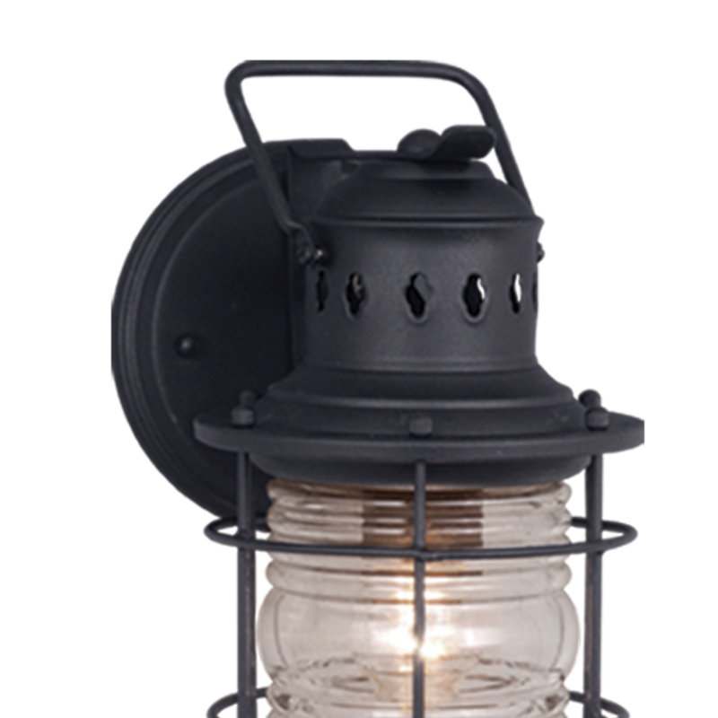 Crownsville 12.25 in. H 1-Light Textured Black Coastal Outdoor Wall Sconce made of Durable Steel, Clear Ribbed Glass Shade, LED Compatible, Use for Exterior Porch Patio Front Door or Garage