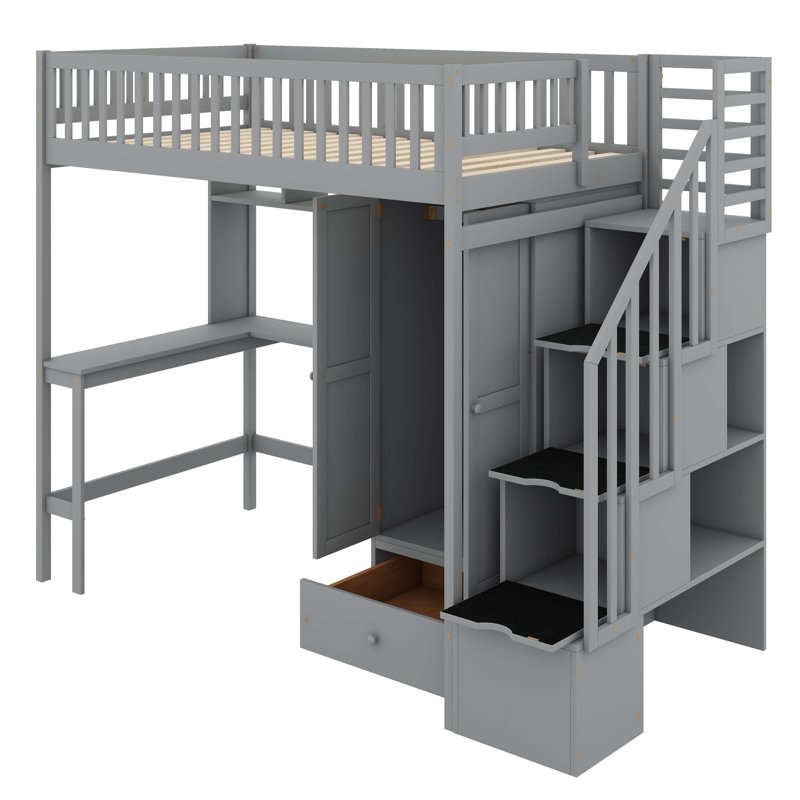 Lit mezzanine simple avec bibliothèque intégrée et tiroirs, Gris