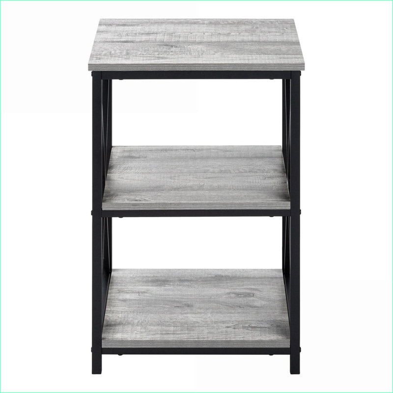 Table basse à 3 niveaux peu encombrante, plateau en stratifié gris et base en métal noir, table de bout de salon / chambre à coucher polyvalente