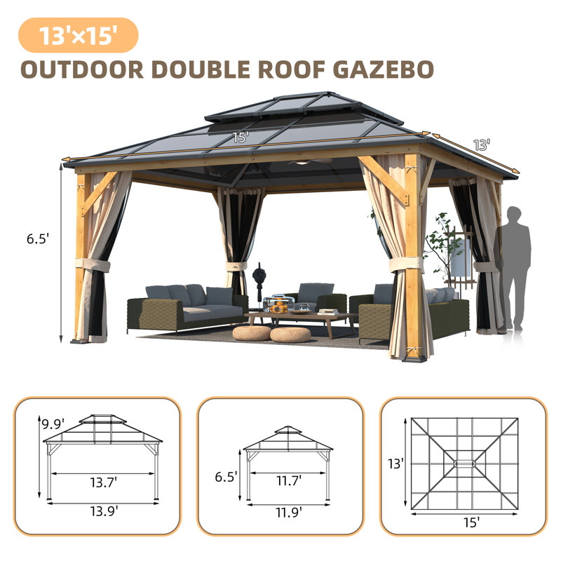 15 Ft. W x 13 Ft. D Solid Wood Patio Gazebo
