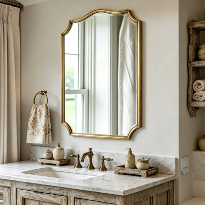 Scalloped Gold Wall Mirror With Rust-Proof Metal Frame, HD Tempered Glass For Zero Distortion, Versatile Horizontal Or Vertical Hanging Decorative Mirror For Bathroom Vanity, Bedroom, And Entryway