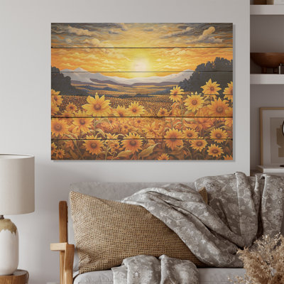 Radiant Golden Blooming Sunflower Meadow - Flower Wood Wall Art On Natural Pine Wood