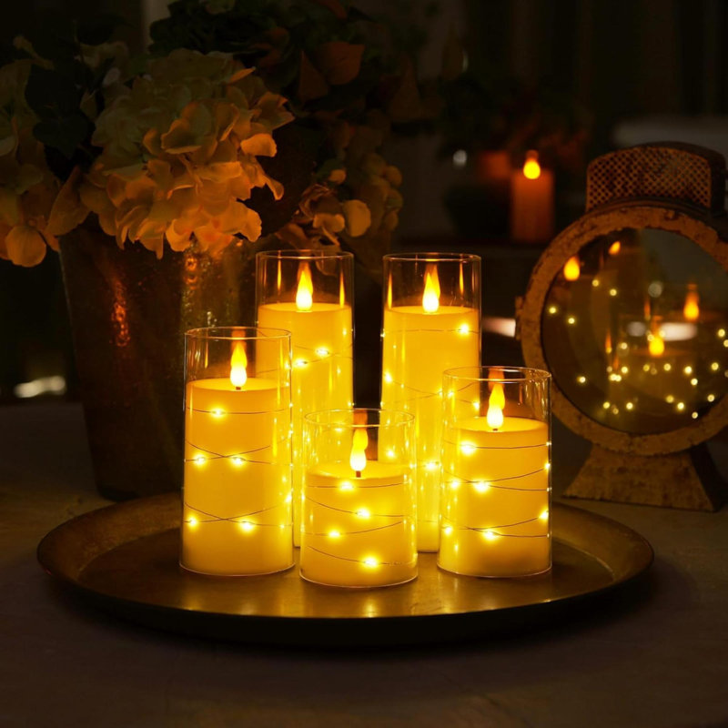 Flameless Candles With Embedded Star String Fairy Lights, Battery Operated Candles, LED Candles, Fake Candles With Remote Control And Timer, Acrylic, Set Of 5(H4 5" 6" 8" 8")