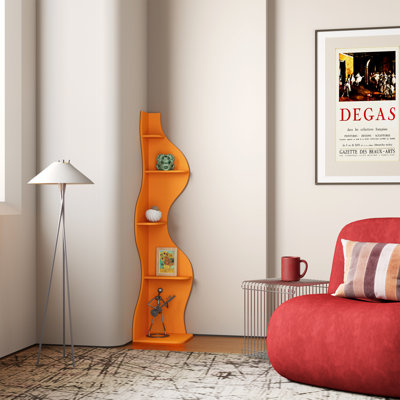 Bibliothèque d'angle, étagère murale moderne à 5 niveaux avec petit support de rangement ondulé pour petit espace
