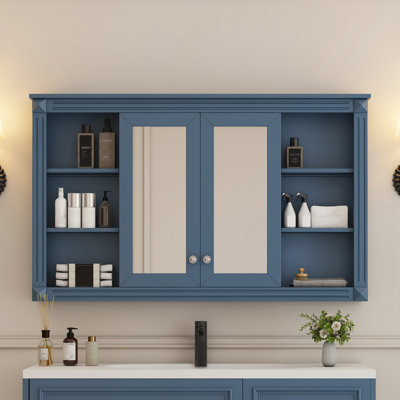 Bathroom Mirror Cabinet With Adjustable Shelf And Open Shelves, Wall Mounted Storage Cabinet For Bathroom