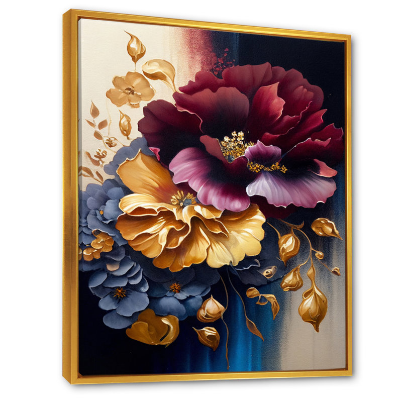 Bourgogne et bouquet floral bleu II - impressions sur toile florales, H 40 po x l 30 po x P 1,5 po, Cadre flottant doré