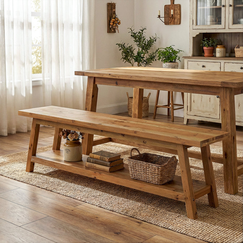 Le banc de salle à manger en bois massif de 63 pouces avec tablette de rangement de 63 pouces peut accueillir 2 à 3 personnes dans la salle à manger