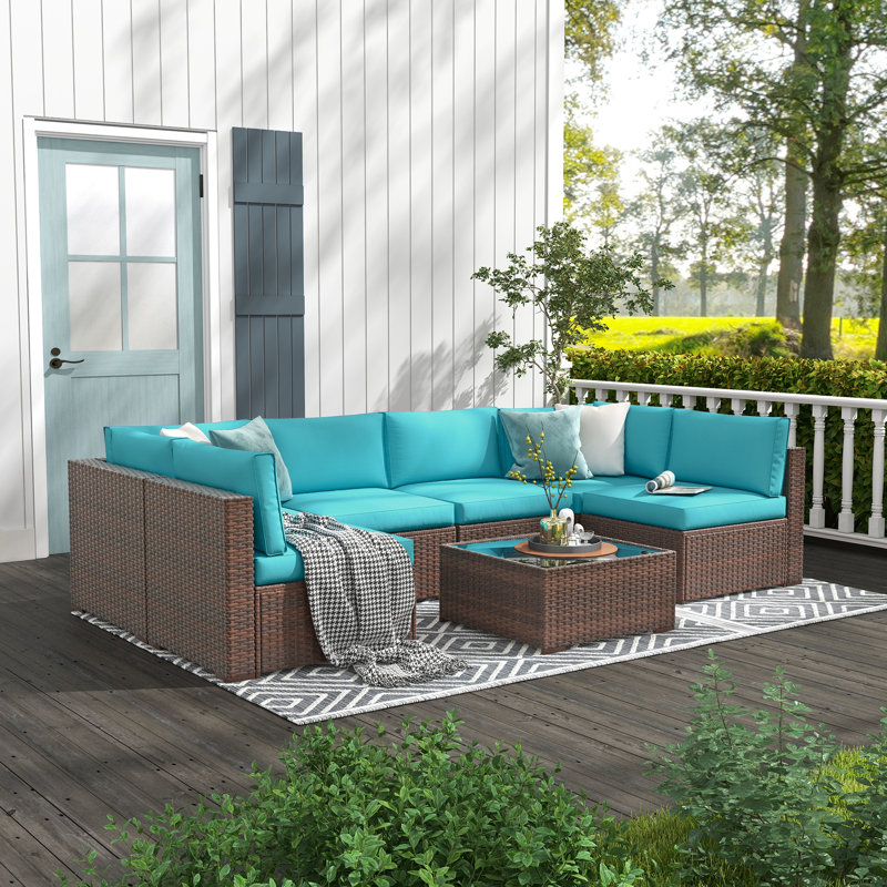 Algarin Wicker 6 - Person Modular Patio Conversation Set with Cushions, Blue Cushion/Brown Frame