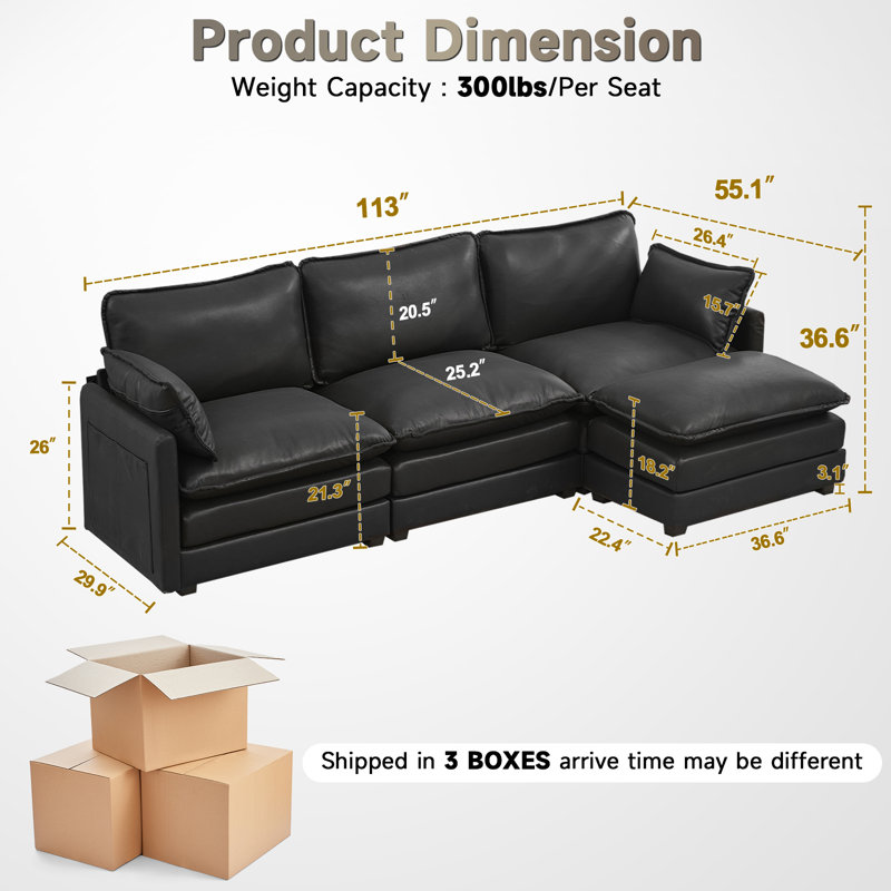 4-Piece Upholstered Sectional, Black