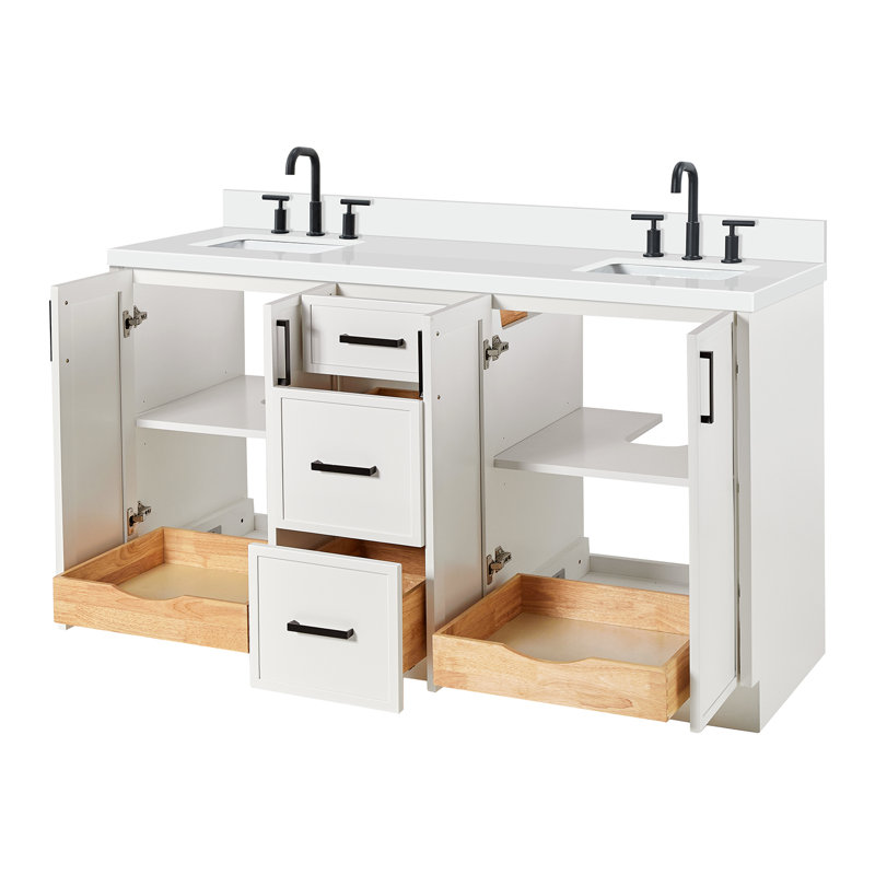 Meuble-lavabo double rectangulaire 61 po avec comptoir en quartz pur Ariel Kelly, Blanc