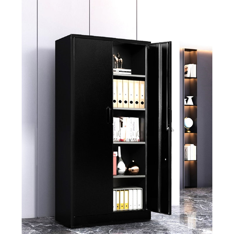 Armoire de rangement robuste en acier de 180 cm (71 po) avec portes verrouillables et 4 étagères réglables, idéale pour entrepôt, bureau, garage, finition noire antirouille, durable et résistante à l'usure.