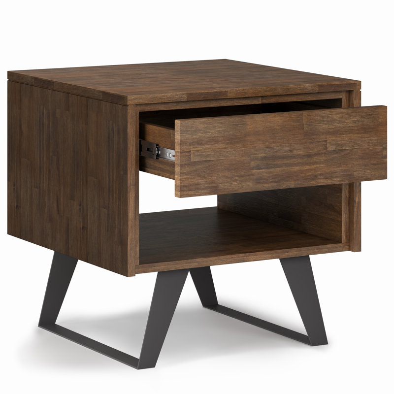 Lowry 22"W Solid Acacia Wood Modern Industrial Square End Table with Drawer, Open Shelf and Angled Legs