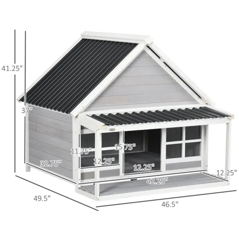 Niche pour chien d'extérieur en bois avec porche, toit inclinable et fenêtres pour chiens de taille moyenne à grande
