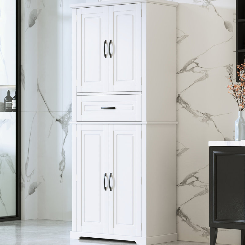 Rangement de salle de bain avec tiroir - blanc, tablette réglable, dispositif de basculement multifonctionnel, support, tablette