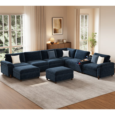 Canapé modulaire en V à 8 places avec console de chargement polyvalente, porte-gobelets et housses lavables, chenille bleu marine