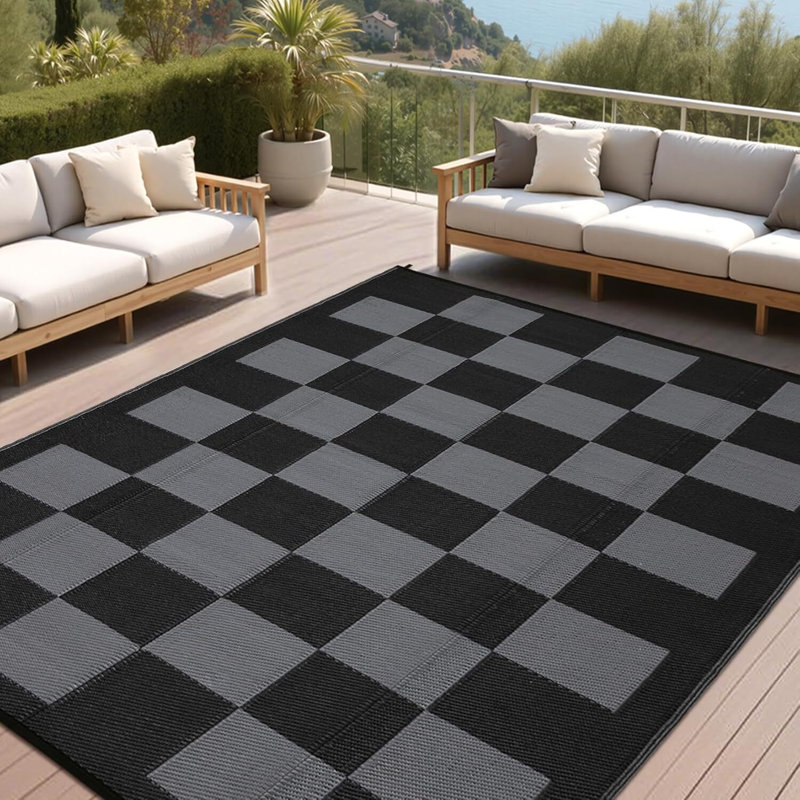 Tapis d'extérieur imperméable à damier tissé de 8 pi x 10 pi, grand tapis de paille en plastique réversible, tapis de camping extérieur pliable à motif géométrique moderne pour pique-nique, cour arrière, terrasse