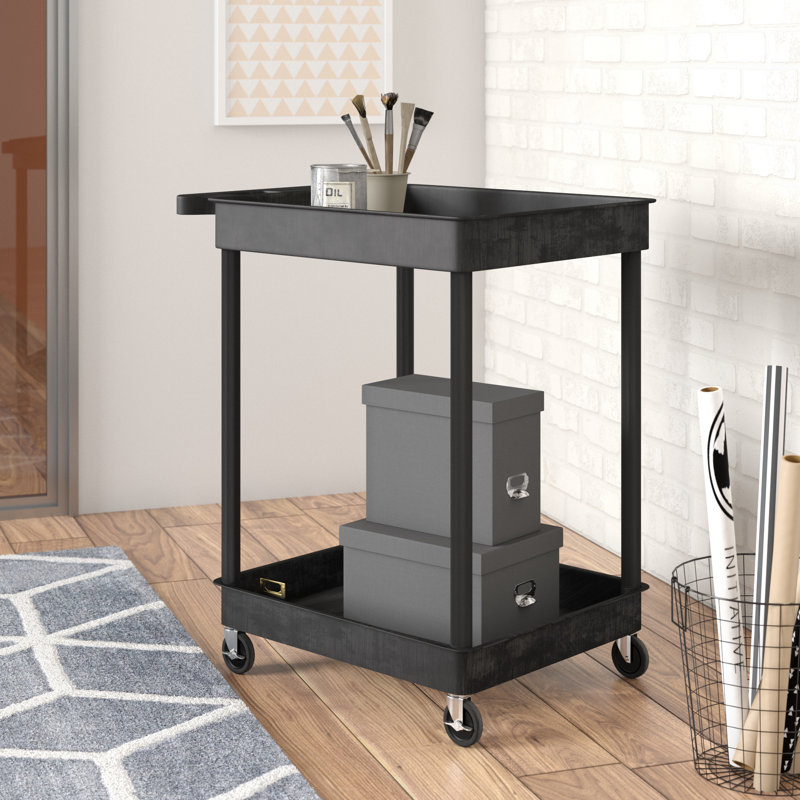 Black High-Density Polyethylene 2-Shelf Utility Cart with Push Handle
