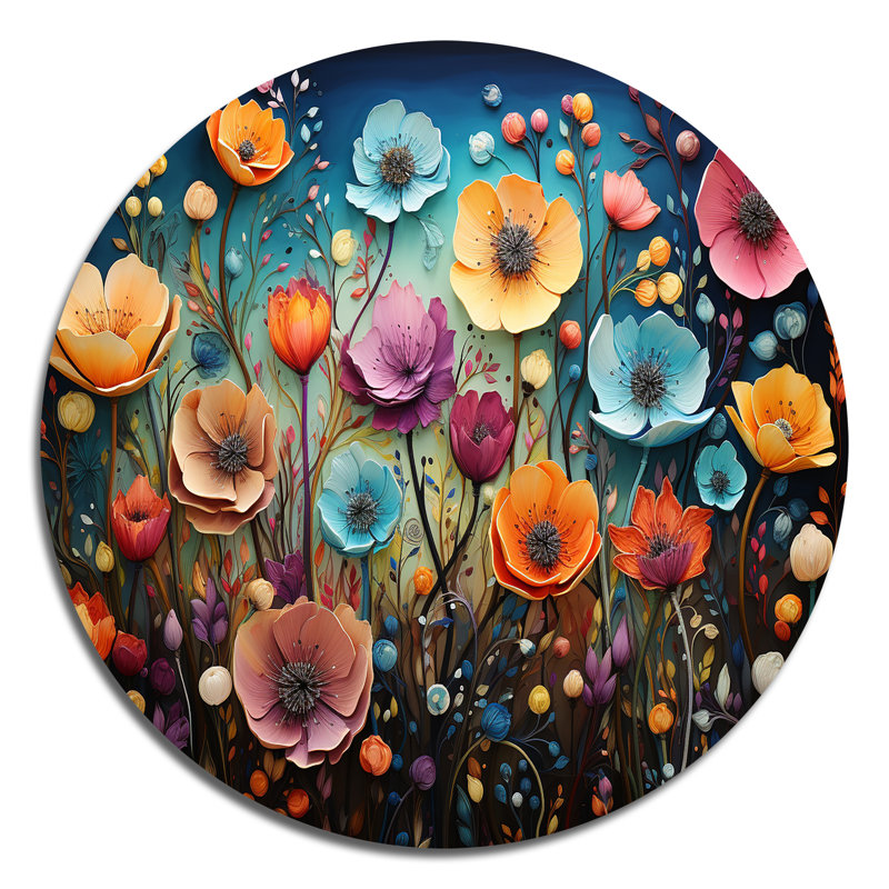 Fleurs colorées et fantaisistes - Art floral rond en métal, H 16 po x l 16 po