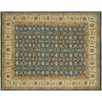Tapis bleu sarcelle bleu en laine noué à la main de conception unique 8 pi x 9 pi 7 po Doniyor