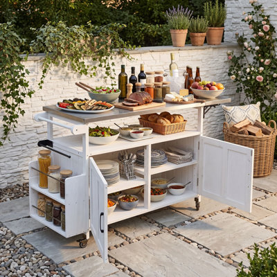 Foldable Outdoor Kitchen Island with Lockable Wheels, Cabinet, Adjustable Shelves, Rack and Towel