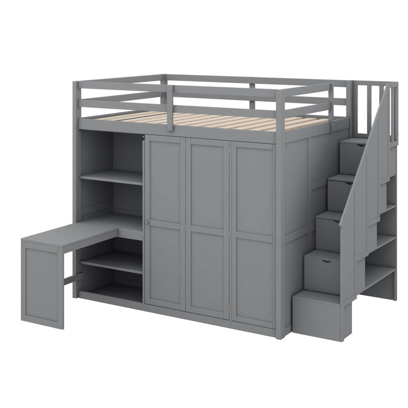 Full-Size Bed Integrating A Built-In Closet, Desk, And Shelving Unit, Gray