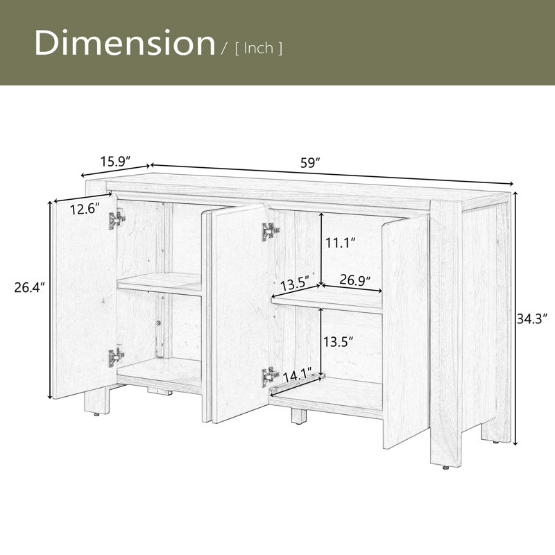Buffet avec rangement, buffet en bois rétro à 4 portes avec finition vieillie et tablettes réglables pour la salle à manger