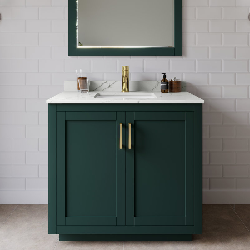 Ensemble de meuble-lavabo simple autoportant 36 po avec plateau en quartz Miranda, Giotto Quartz, Vert, Or brossé