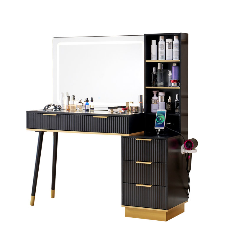 Grand meuble-lavabo avec tiroirs et lumière réglable Lilliani, noir, Noir