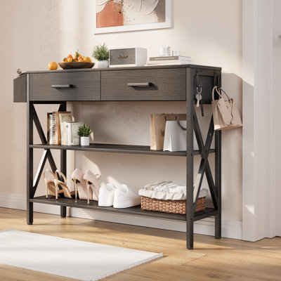 Modern Console Table with 2 Drawers, 2 Shelves, Storage Basket & Hooks - Ideal for Entryway or Behind Sofa