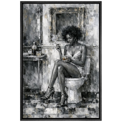 «Black and White Woman with Drink», œuvre d'art moderne de portrait, images de chambre à coucher, impression sur toile encadrée
