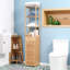 Armoire de salle de bain haute avec tiroir et tablettes à lattes, tour en lin de bambou mince avec porte à persiennes, naturel