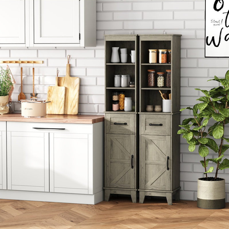 Armoire de cuisine en bois massif H 63 po avec 3 tablettes réglables, garde-manger avec 1 tiroir et 1 porte (ensemble de 2)