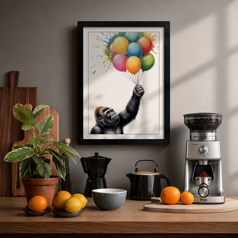 Chimpanzee and Balloons Modern - Framed Print, A4 - 29.7 x 21.0 cm, Black
