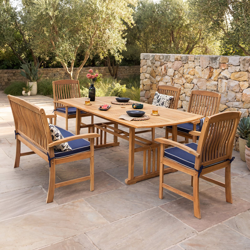 Summerton 6 - Person Teak Patio Dining Sets With Cushion, Navy White Piping