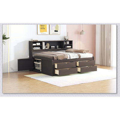 Wood Daybed With 2 Bedside Cabinets, Upper Shelves And 4 Drawers