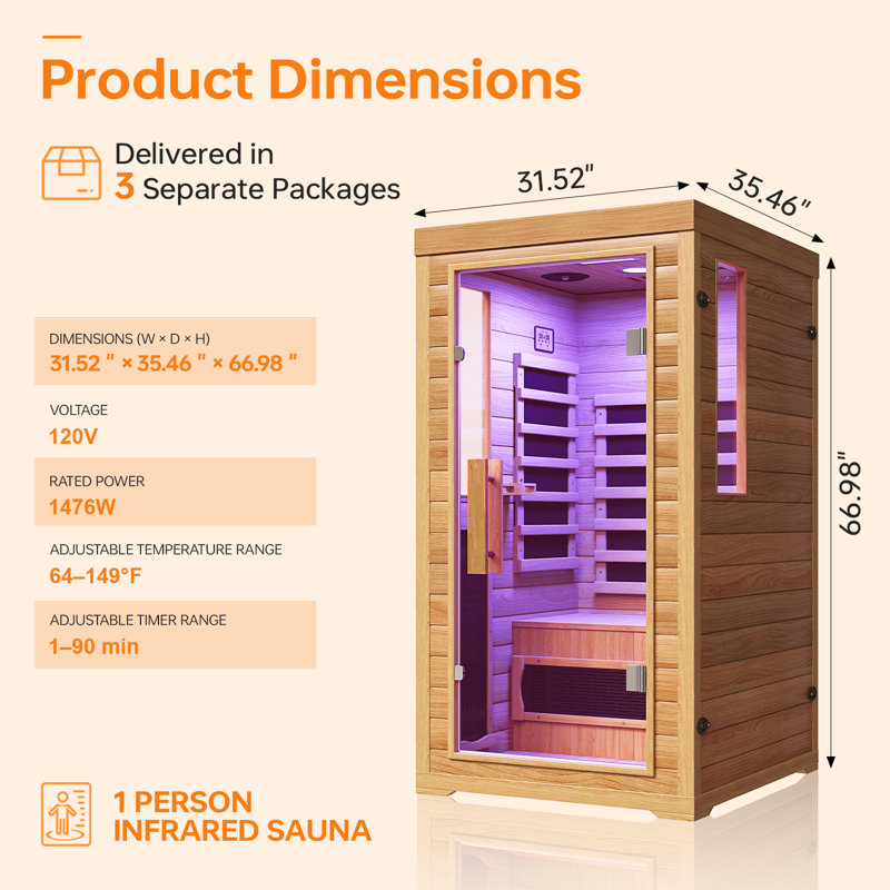 Sauna infrarouge lointain à faible champ électromagnétique pour une personne, sauna de 1476 W avec 6 éléments chauffants, luminothérapie 7 couleurs et bois massif de qualité supérieure, pour une détente et un bien-être optimaux.