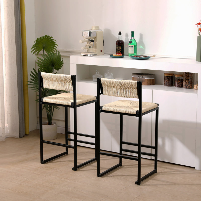 Tabourets de bar crème et blanc tissés en corde de papier de 2, design moderne et chic pour îlot de cuisine, salle à manger. Avec structure en métal et siège tissé à la main, capacité de poids maximale de 220 lb, 2 restaurants. Base, Soft Do