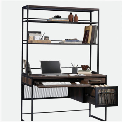 Industrial Desk With Hutch, Brown finish