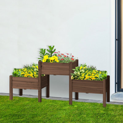 Lit de jardin surélevé avec 3 jardinières, support à plante surélevé en bois avec trous de drainage, pour légumes, herbes et fleurs