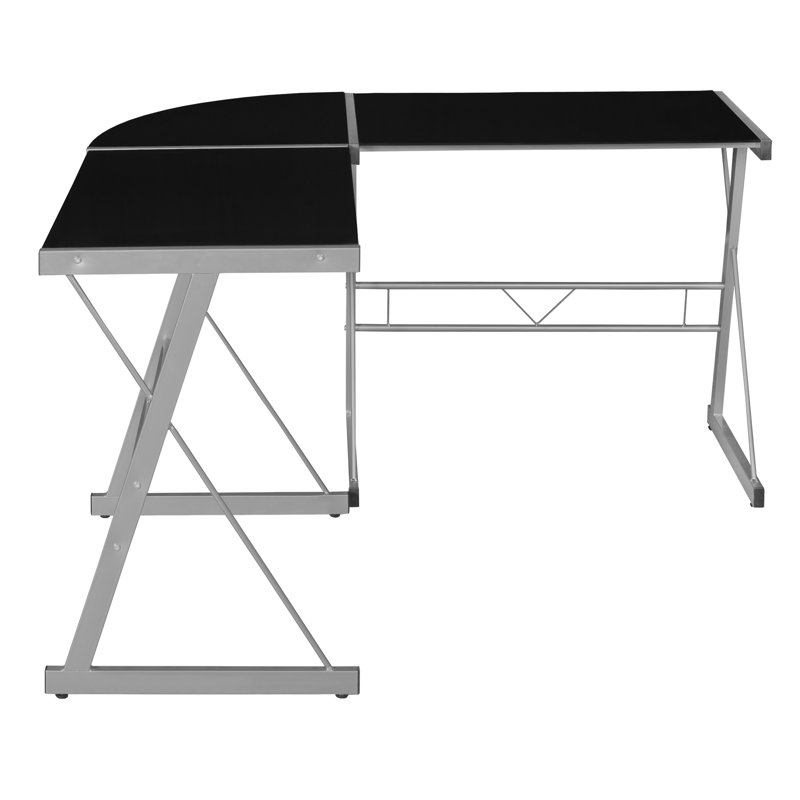 Black Tempered Glass L-Shaped Computer Desk with Steel Frame