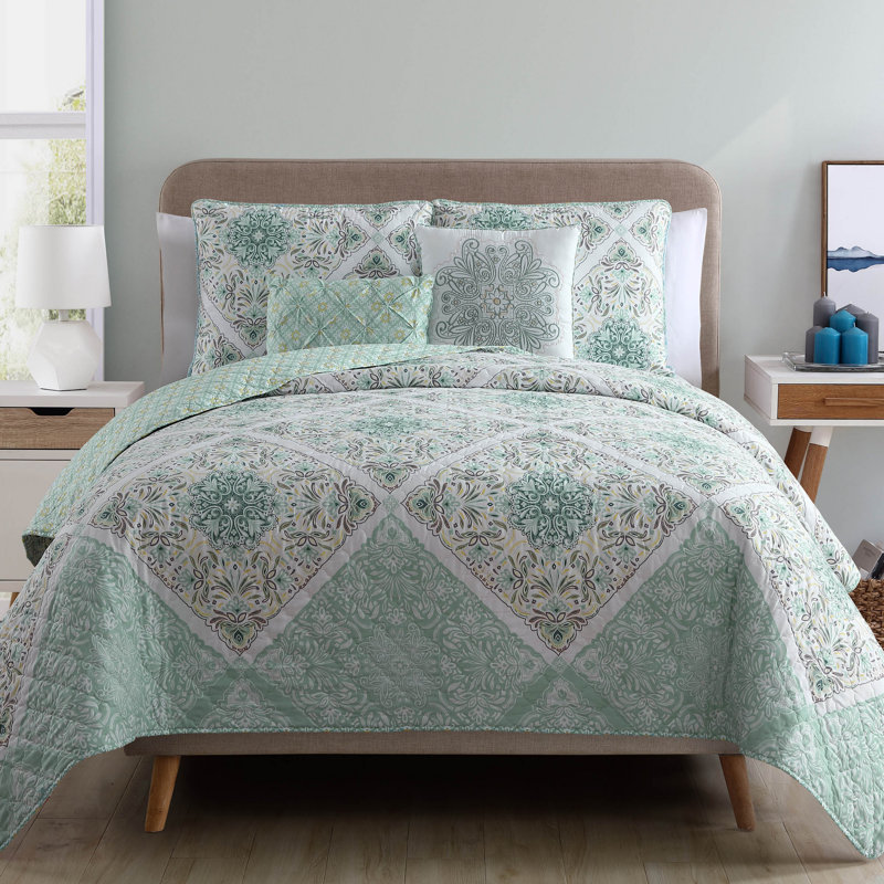 Ensemble de courtepointe réversible Windsor Medallion, Turquoise, Couvre-lit pour grand lit + 5 pièces supplémenta
