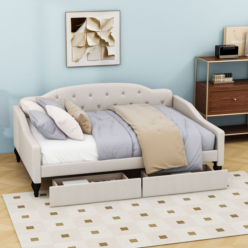 Full Size Linen Upholstered Daybed with Storage Drawers