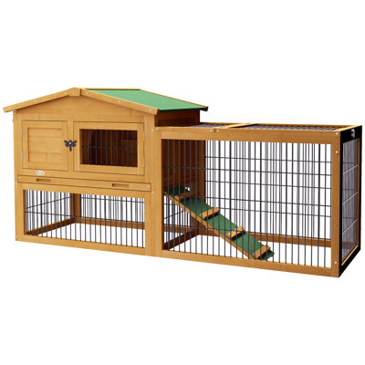 2 Levels Outdoor Rabbit Hutch with Openable Top, 59" Wooden Large Rabbit Cage with Run Weatherproof Roof, Removable Tray, Ramp, for Rabbits, Chickens, Ducks, Yellow