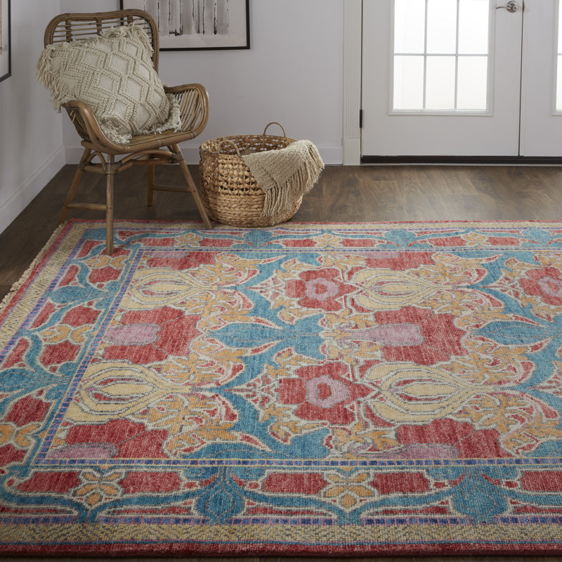 Beall Hand Knotted Wool Oriental Area Rug in Blue, Rectangle 7'9" x 9'9"