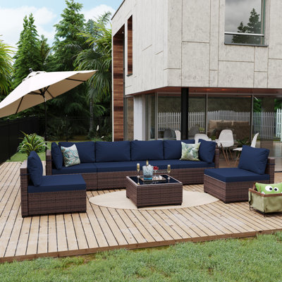 7-Piece Outdoor Rattan Seating Set with Cushions