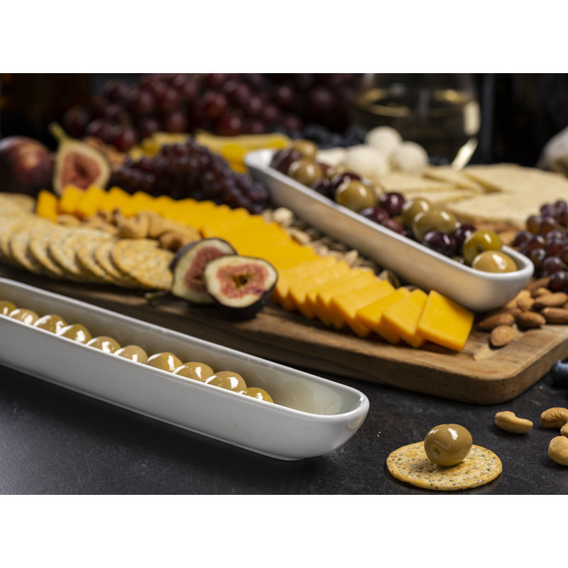 White Ceramic Olive and Cheese Boat Tray Set, 12 Inch