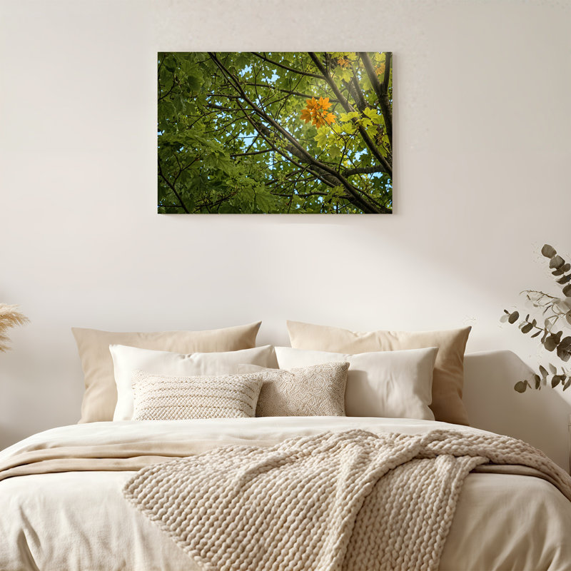 Art mural sur toile vert et orange avec feuilles d'érable contre ciel bleu, H 16 po x l 24 po