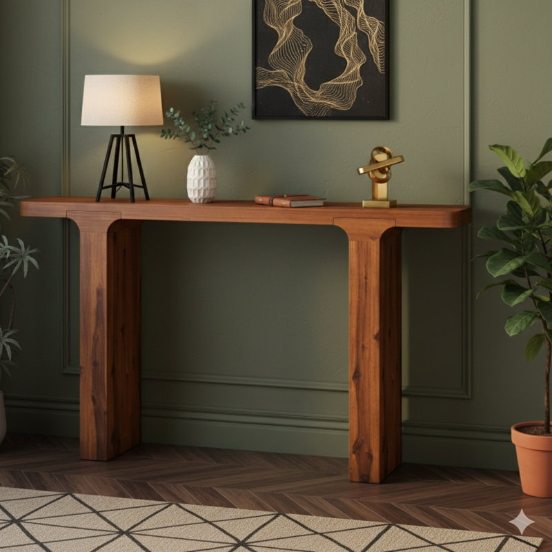 60-Inch Farmhouse Entry Table With Expansive Worksurface, Minimalist Sofa Table In Acacia Veneer, Elegant Console With Robust Square Legs, For Hall, Living Area, And Foyer