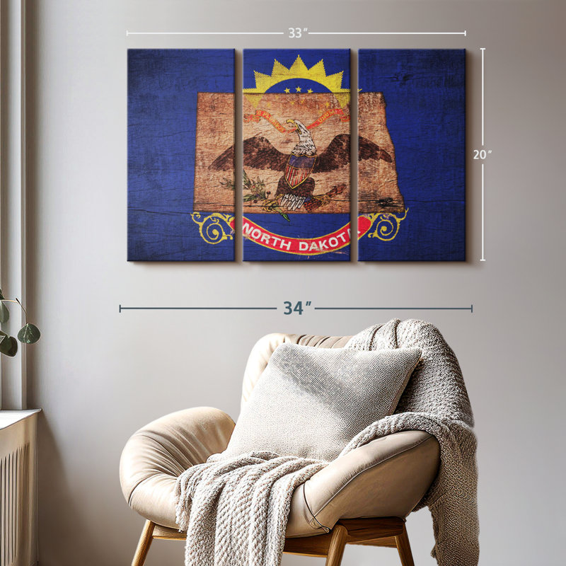 Carte "State Map Over North Dakota Flag Canvas Print" sur, H 20 po x l 33 po x P 1,25 po